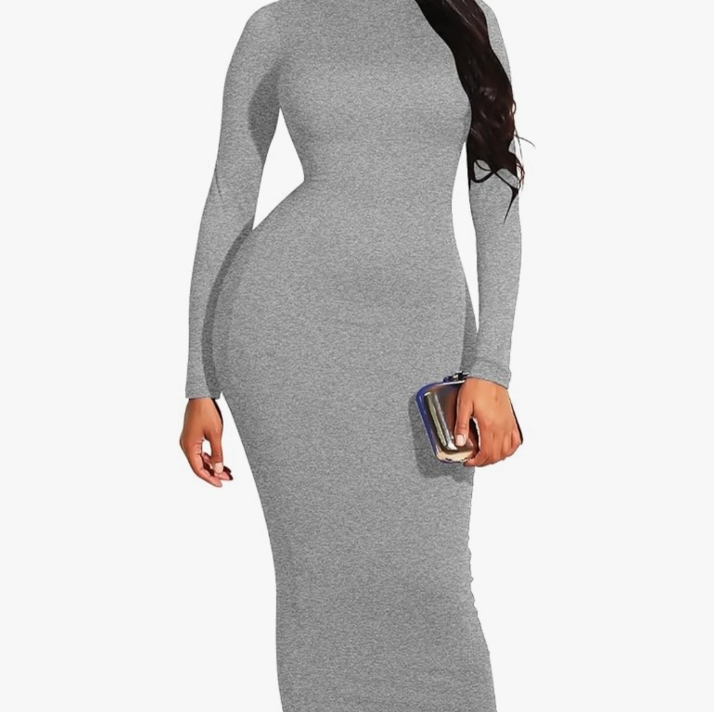 GOBLES Women's Sexy Turtleneck Long Sleeve Elegant Bodycon Long dress - Ion Grey